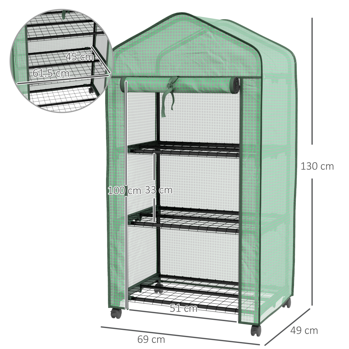 Outsunny Portable Mini Greenhouse with Wheels and Roll-Up Door, Green