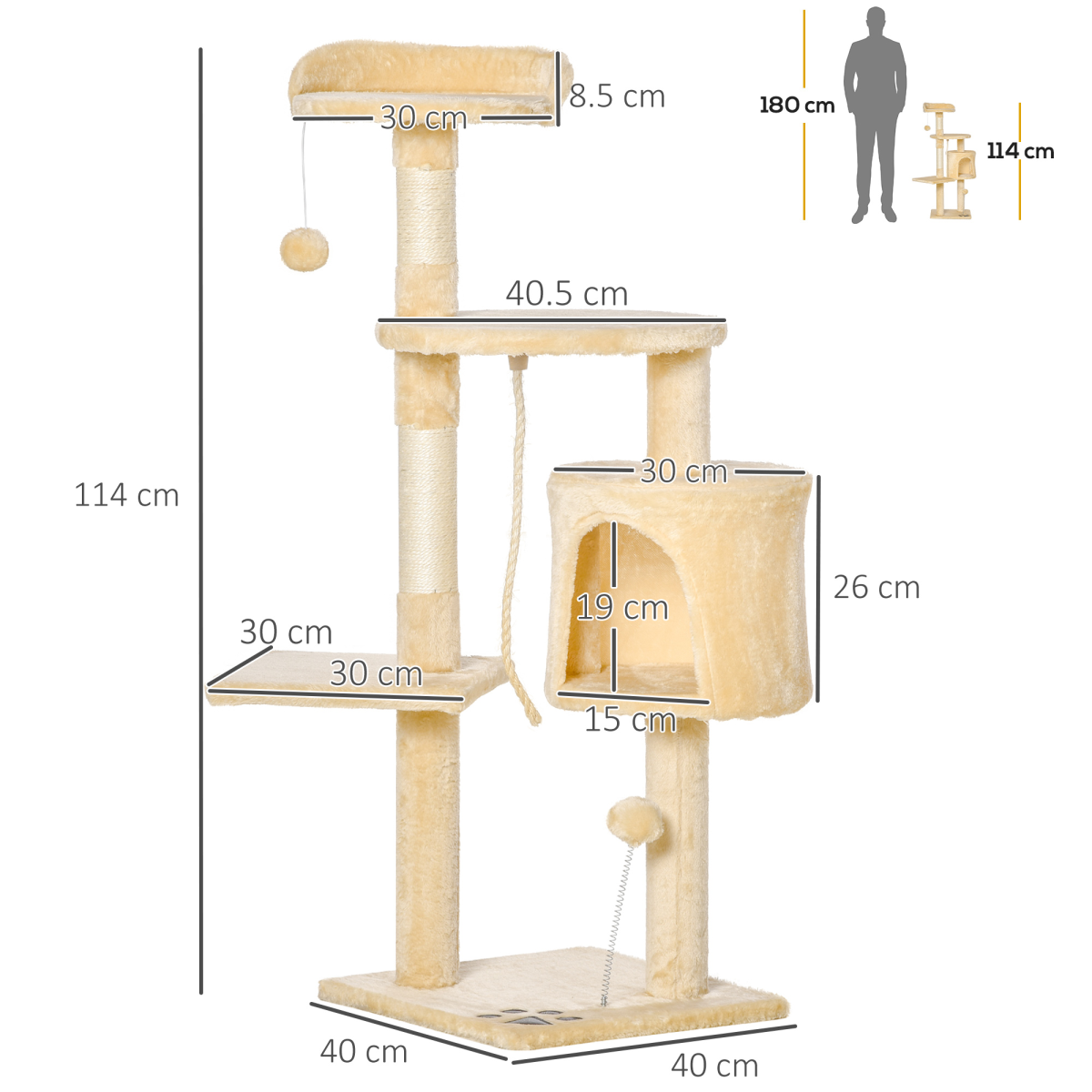 4-Tier Cat Tree Activity Centre with Scratching Posts, Toys, Condo Hideaway, 114cm