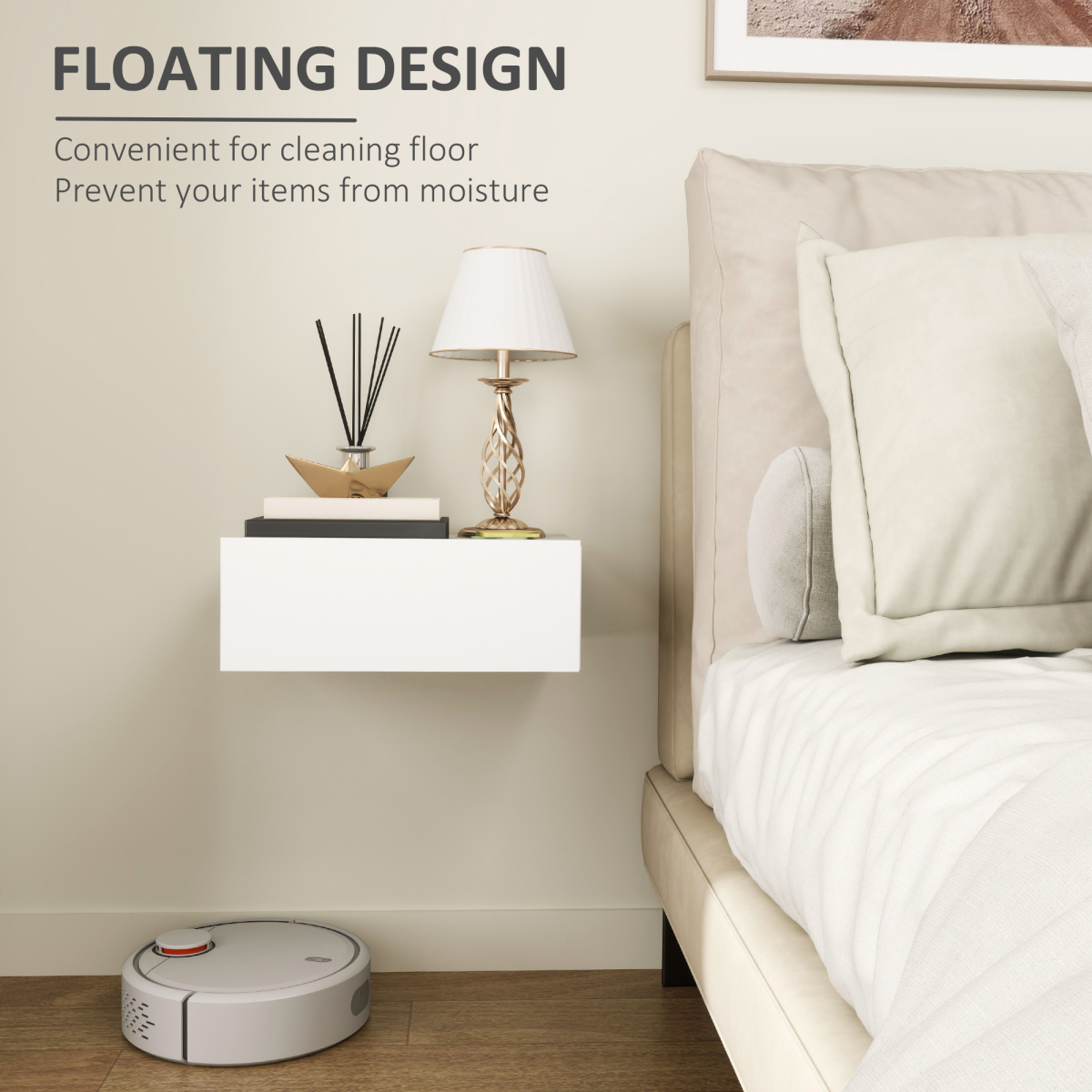 HOMCOM Wall-Mounted Floating Bedside Table with Drawer, White