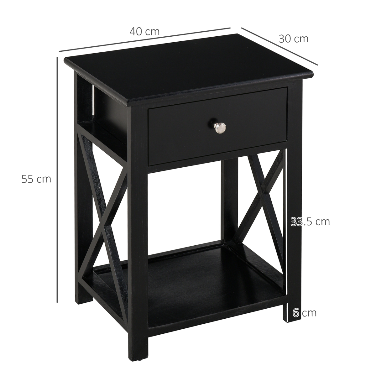 HOMCOM Black MDF 2-Tier Side Table with Drawer and Bottom Shelf