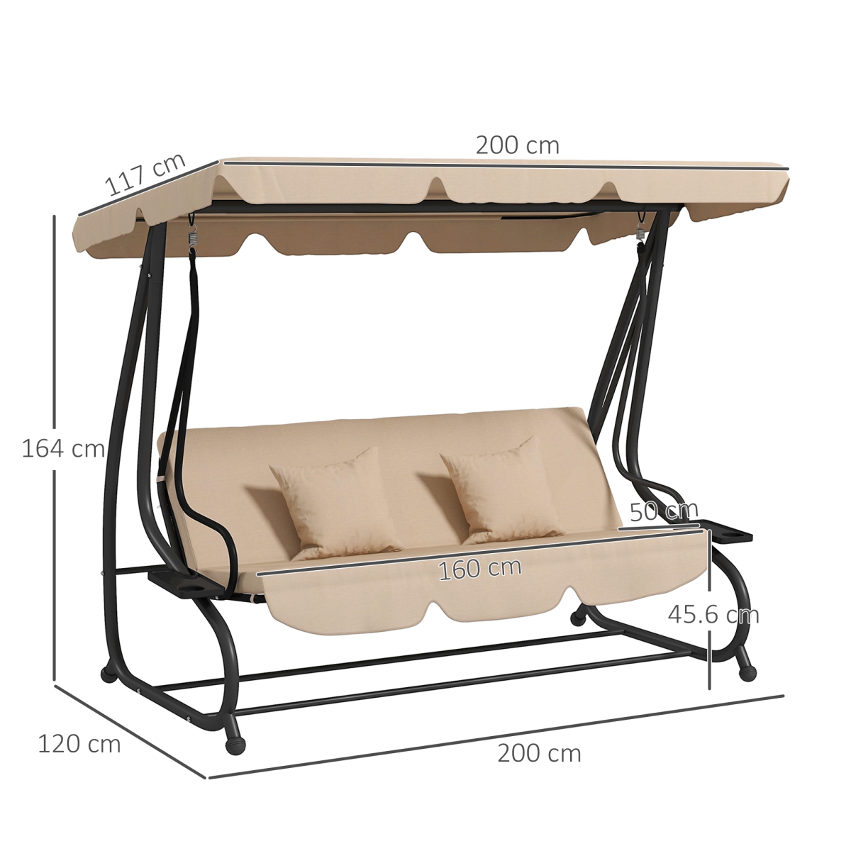 Outsunny 2-in-1 3-Seater Swing Chair with Adjustable Canopy, Light Brown