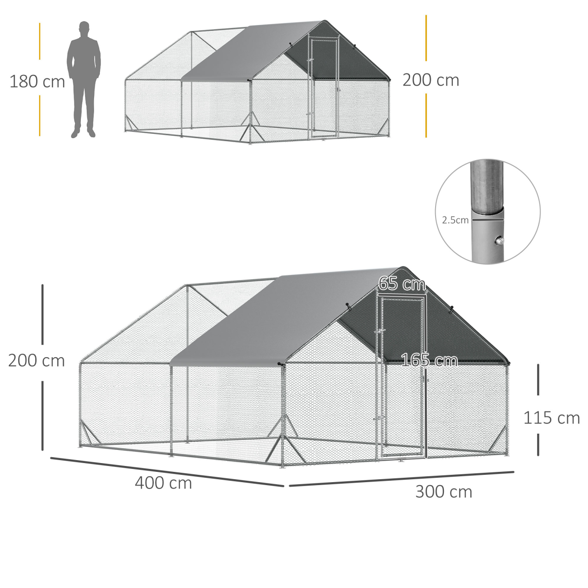 Large Galvanized Walk-In Chicken Run with Cover, 3 x 4 x 2 m, for Chickens, Rabbits and Ducks