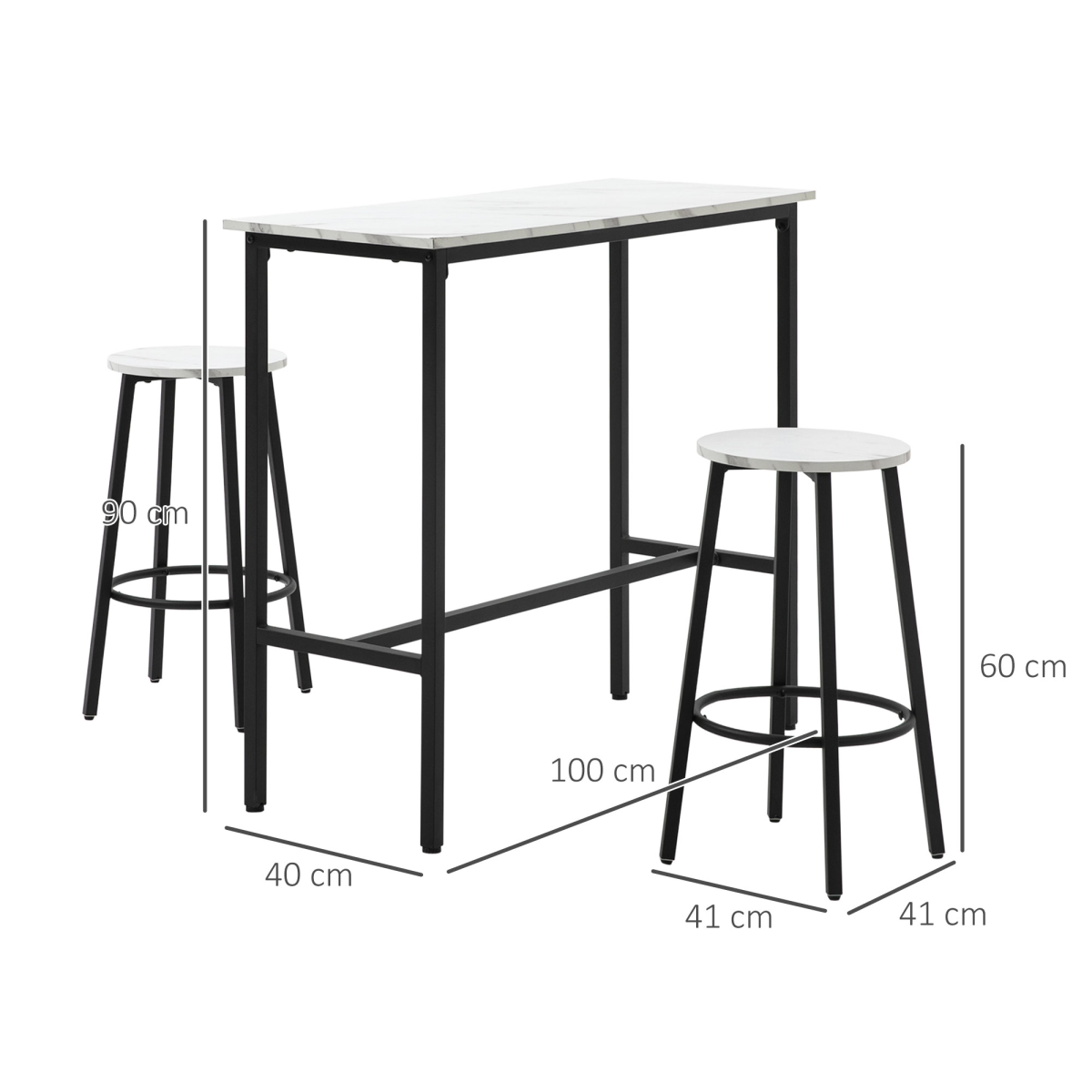 HOMCOM 3-Piece Bar Table Set for 2, Steel Frame, Footrest, White