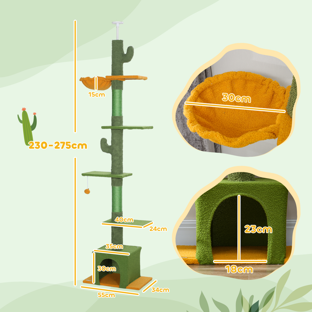 PawHut Adjustable Floor-to-Ceiling Indoor Cat Tree with House & Hammock