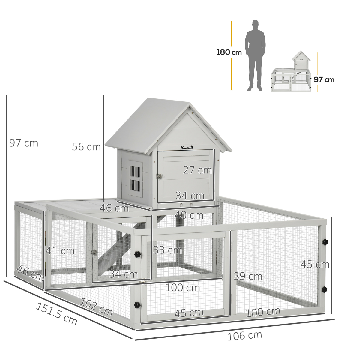 PawHut Rabbit Hutch and Guinea Pig Cage with Slide-Out Tray, Fenced Run, 3 Doors, Indoor Wooden Hutch