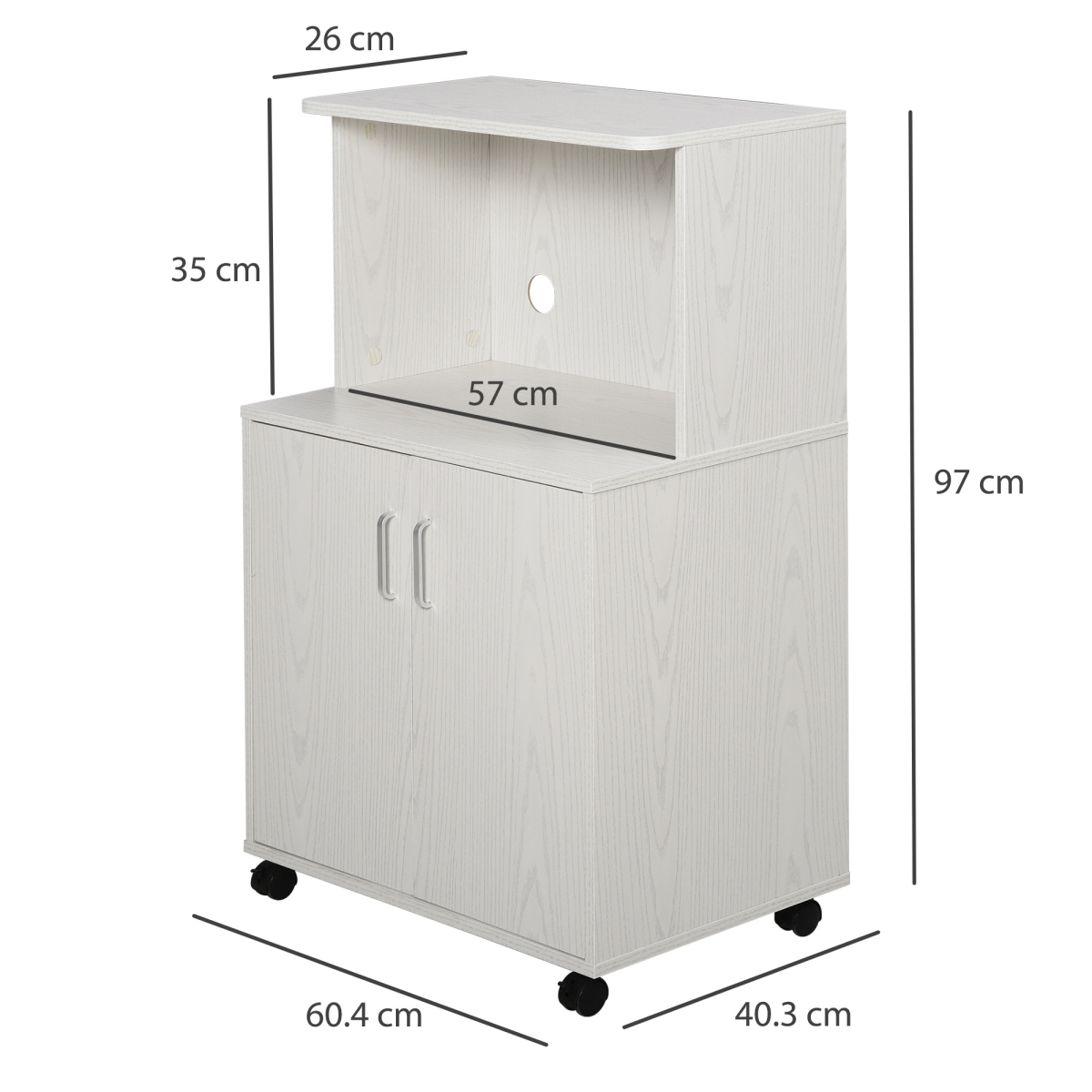 HOMCOM Microwave Cart on Wheels, Kitchen Utility Trolley with Storage Cabinet, Adjustable Shelf, Open Top Compartment, Lockable Wheels, White, 97x60.4x40.3cm