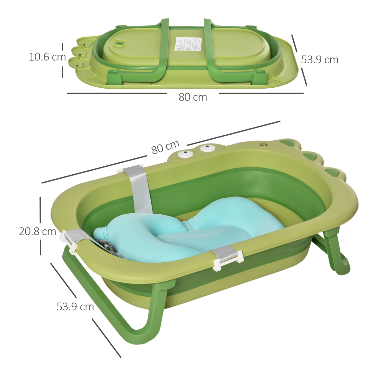 Foldable Baby Bath Tub with Cushion, Non-Slip, Green, Ages 0-3 Years