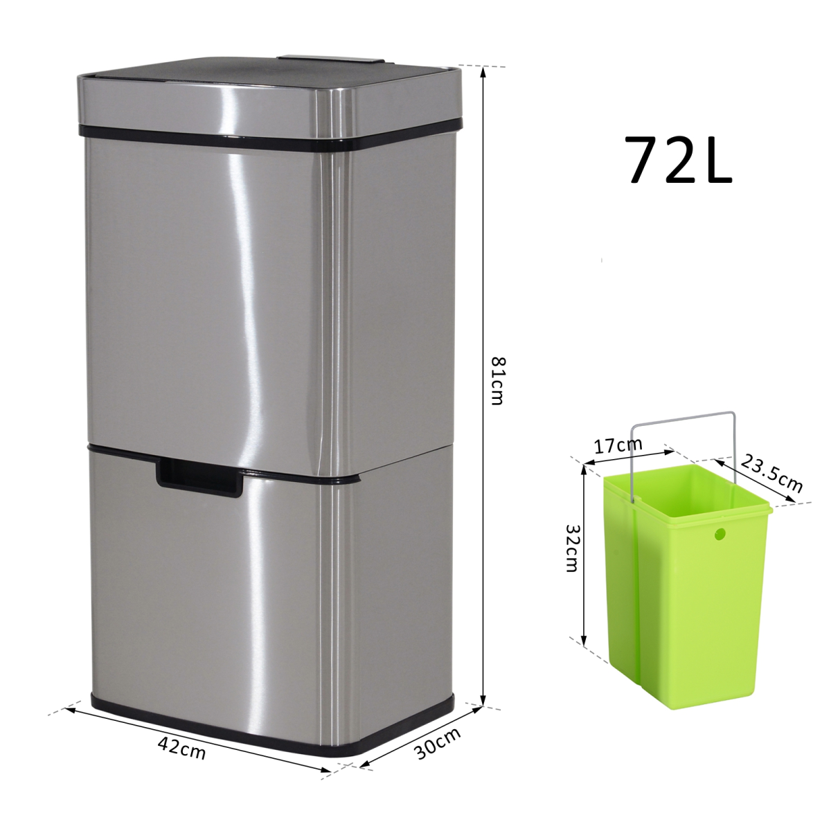 Motion Sensor Rubbish Bin 72L, 3 Compartments, Removable Lid, Stainless Steel Look Finish, HOMCOM