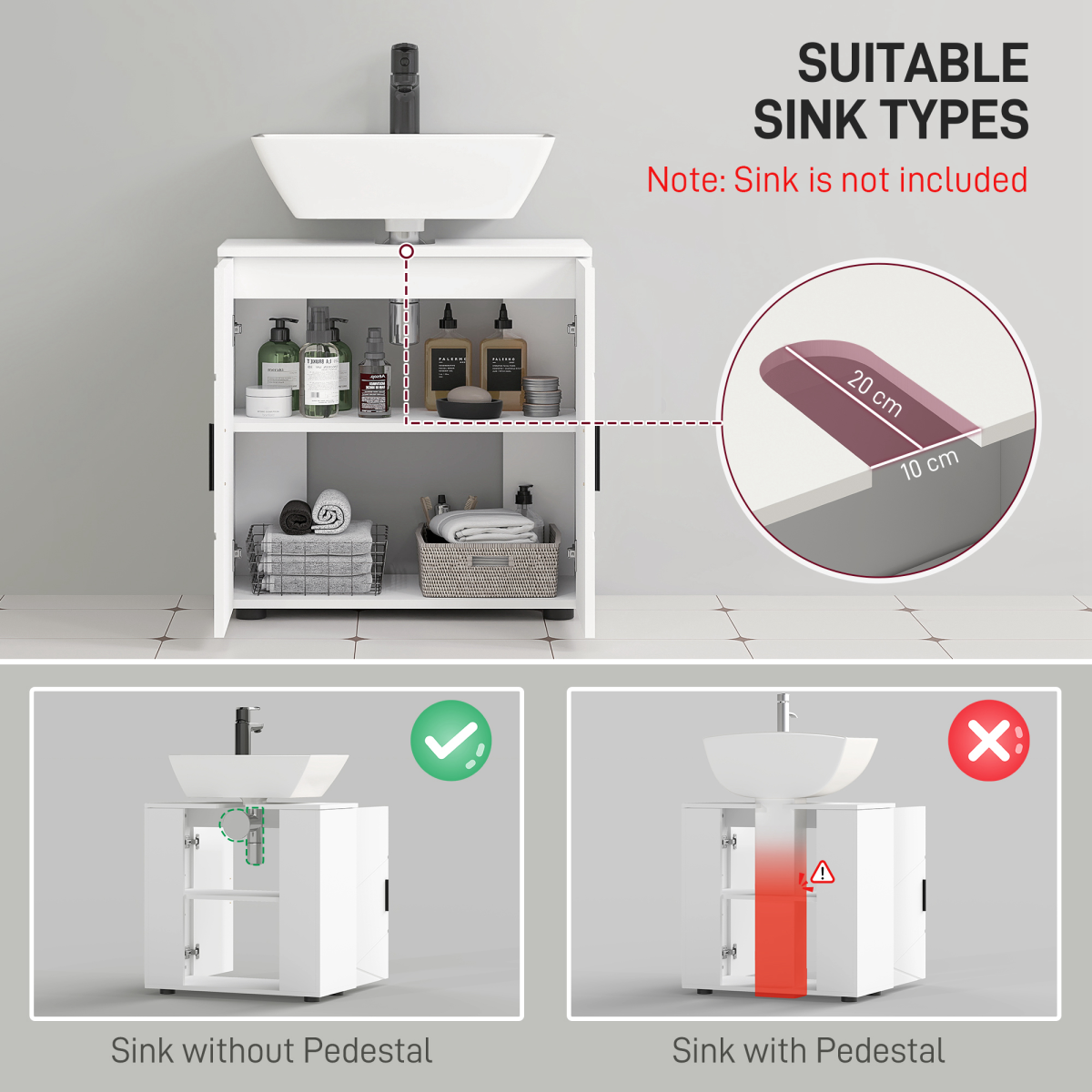 kleankin White Bathroom Vanity Cabinet, Under Sink Storage with Shelf