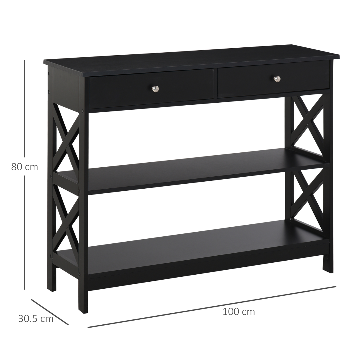Black Console Table with 2 Drawers and Shelves, Flat Top