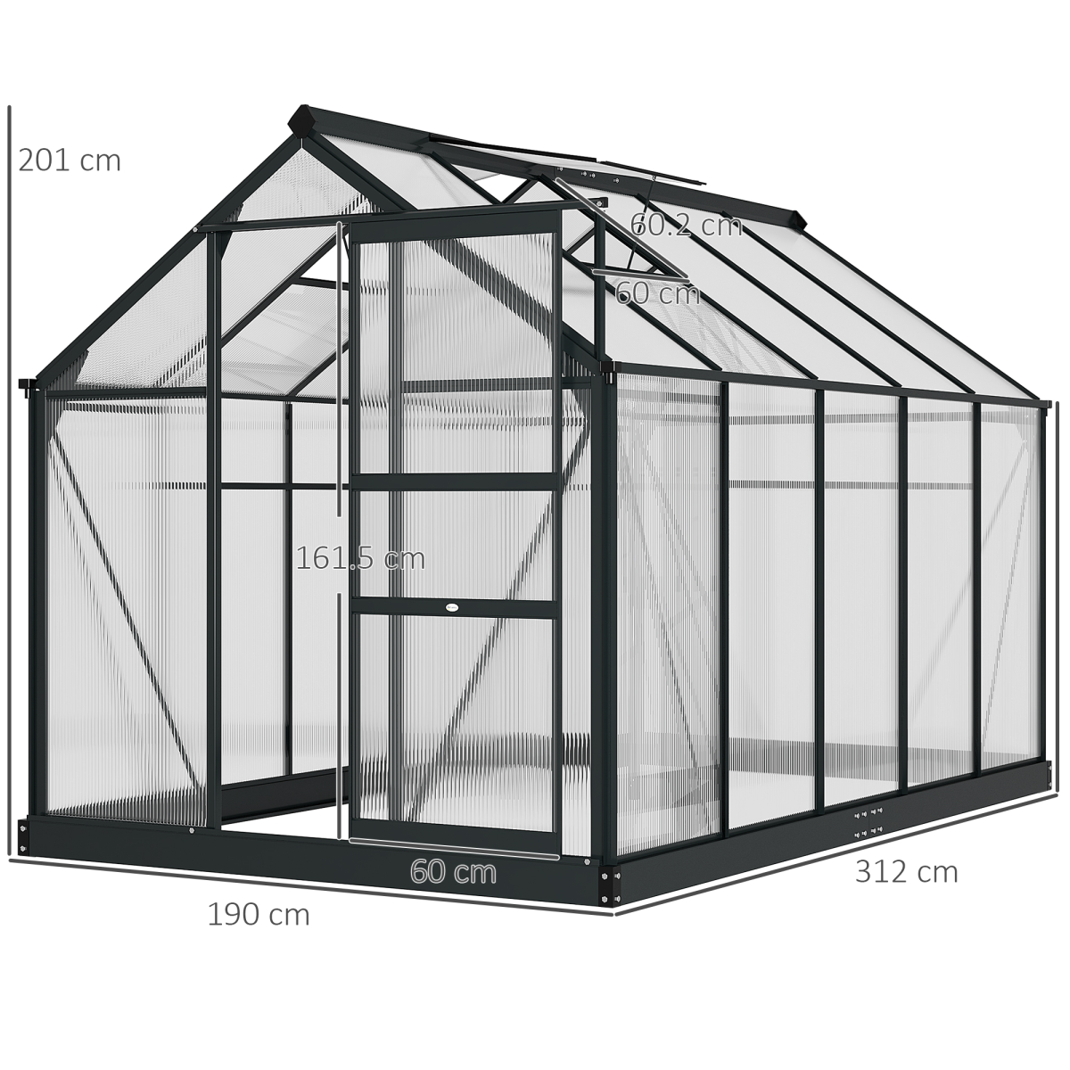 Outsunny Polycarbonate Walk-In Greenhouse with Aluminium Frame, 6 x 10 ft, Sliding Door
