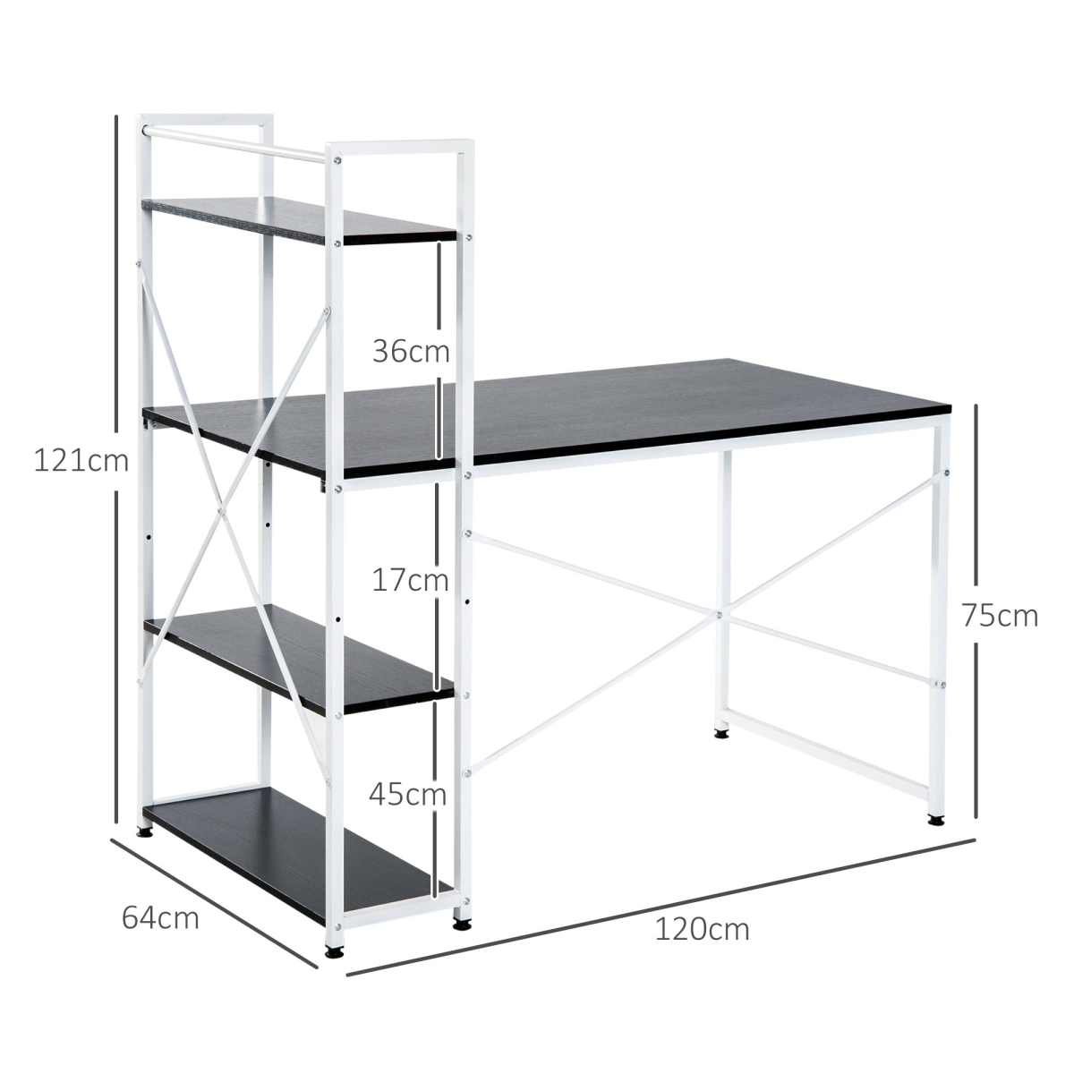 HOMCOM Computer Workstation Desk with 4-Tier Bookshelf, Metal Frame, White/Black Colour