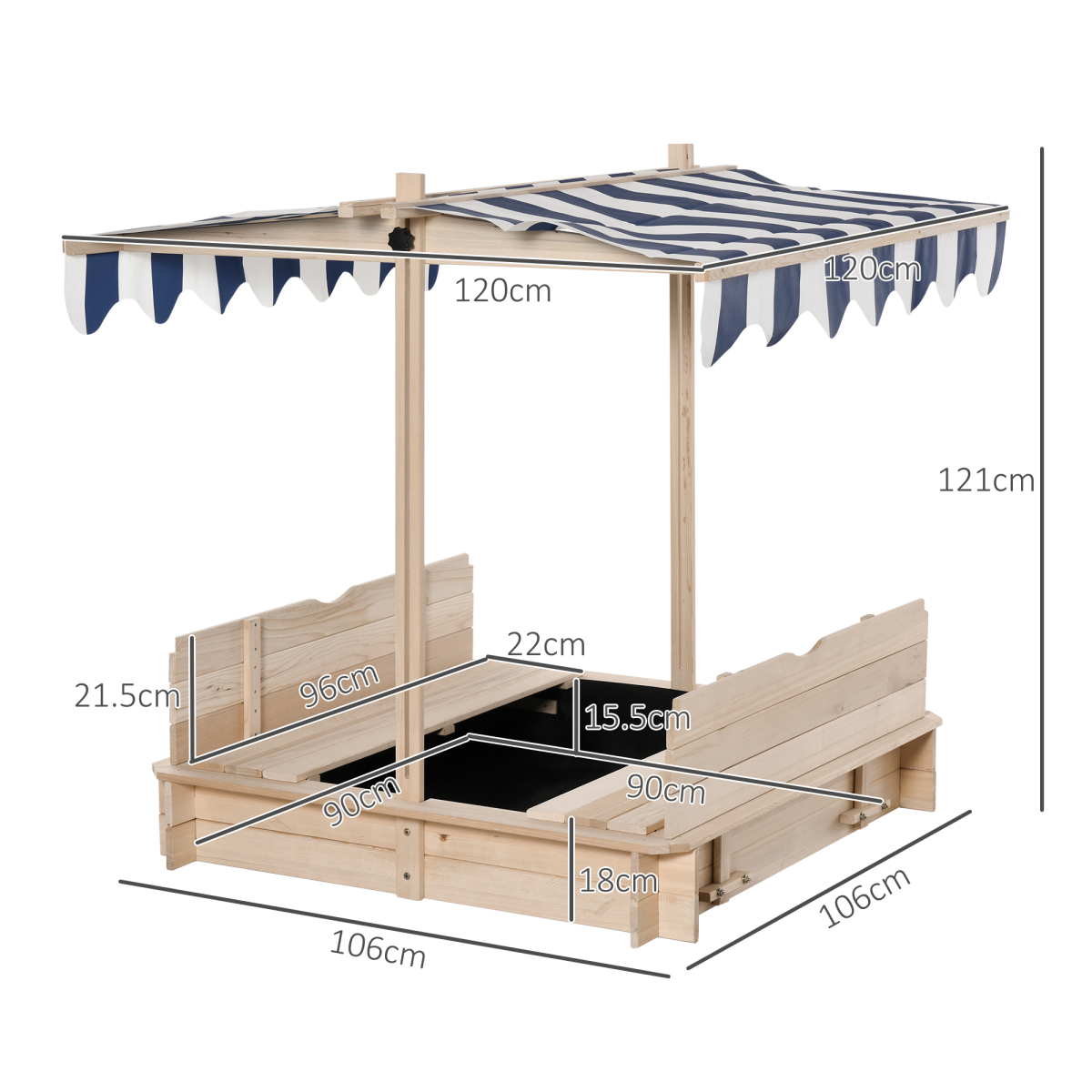 Outsunny Kids Wooden Sandpit with Adjustable Canopy and Benches
