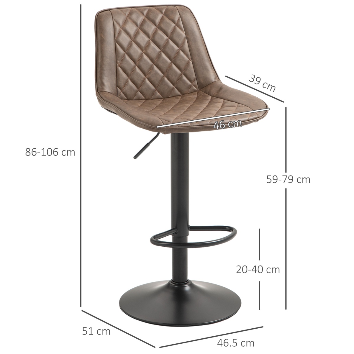 HOMCOM Set of 2 Adjustable Swivel Bar Stools, Brown Faux Leather Kitchen Chairs