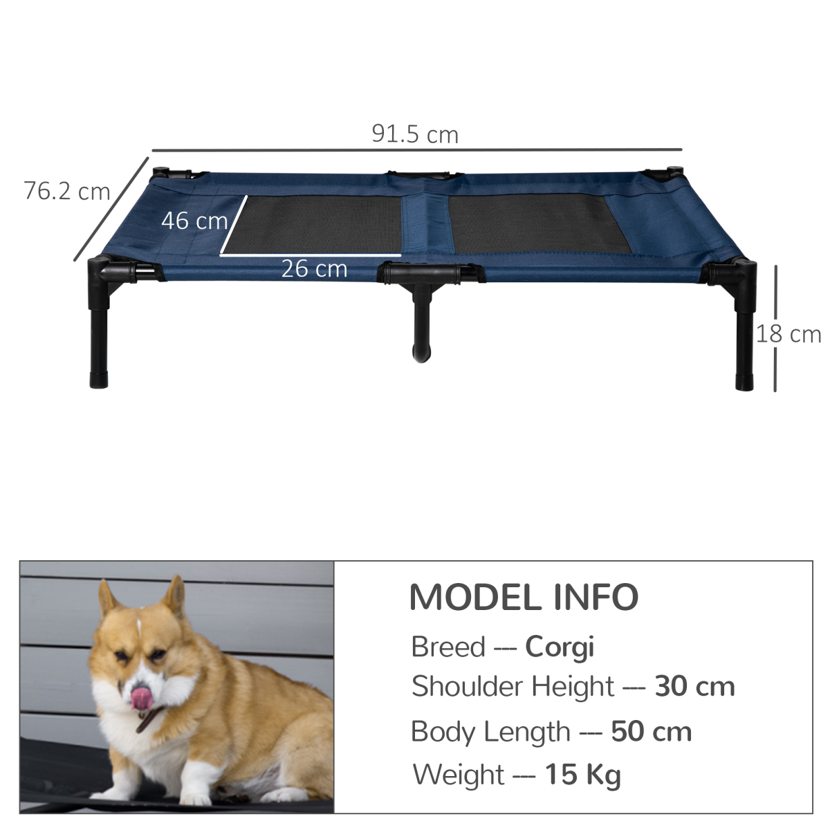 Pawhut Raised Pet Cot Bed for Dogs and Cats, Elevated Hammock with Metal Frame, 600D Oxford Fabric, Portable, Detachable, Easy to Assemble