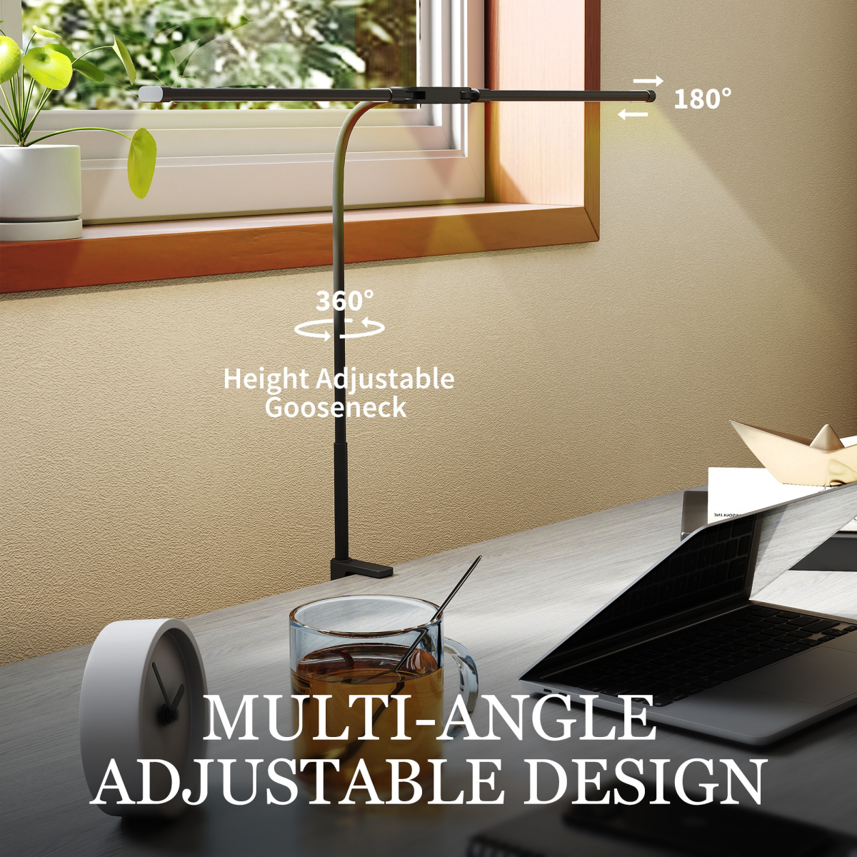 HOMCOM Double Head Dimmable Clamp Desk Lamp, 3 Colour Modes, Black