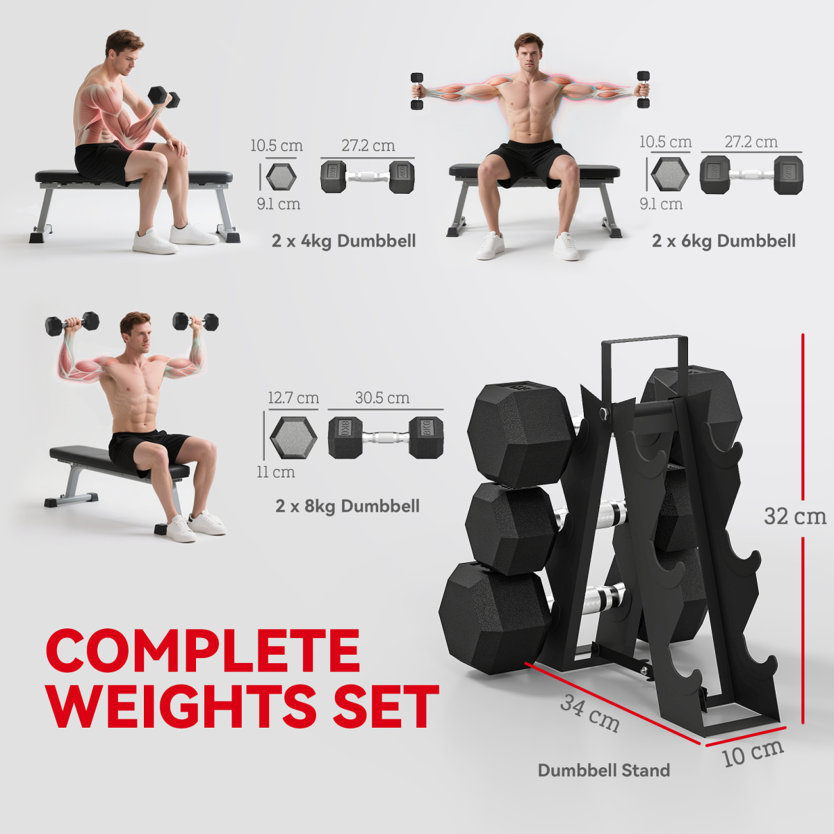 SPORTNOW 36KG Hex Dumbbell Set with Rack, Rubber Coated Cast Iron