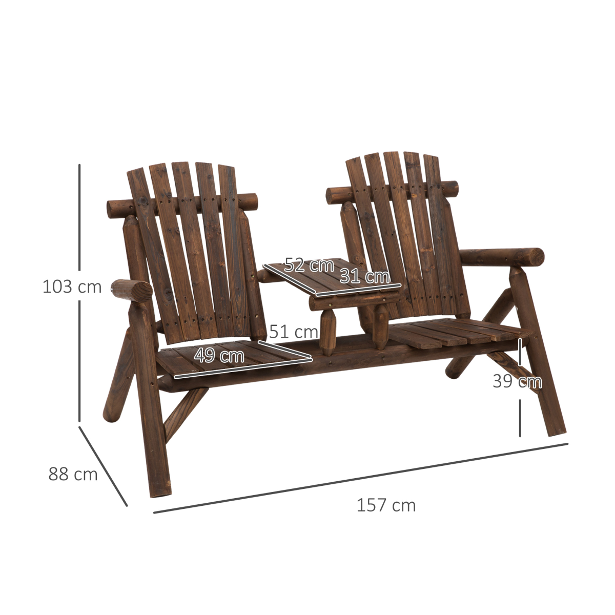 Outsunny Adirondack Style 2-Seat Wood Patio Bench with Center Table
