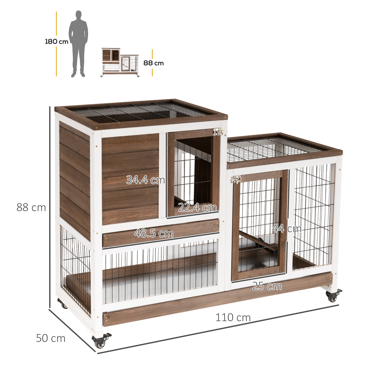 Wooden Rabbit Hutch with Wheels, Indoor Small Pet Cage 110 x 50 x 86cm