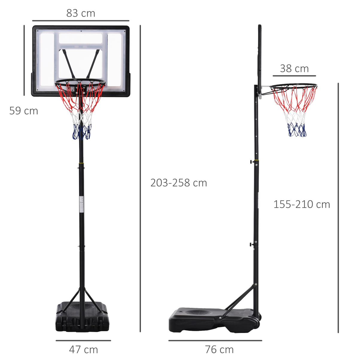 HOMCOM Adjustable Basketball Hoop and Stand 155-210cm with Fillable Base and Wheels