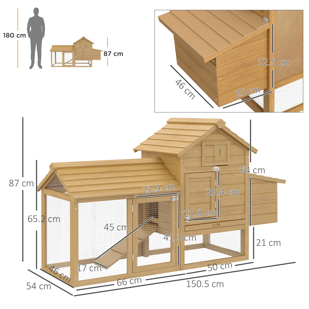 Small Wooden Chicken Coop with Nesting Box, Outdoor Run, Ramp, Door and Slide-Out Tray, 150.5 x 54 x 87 cm