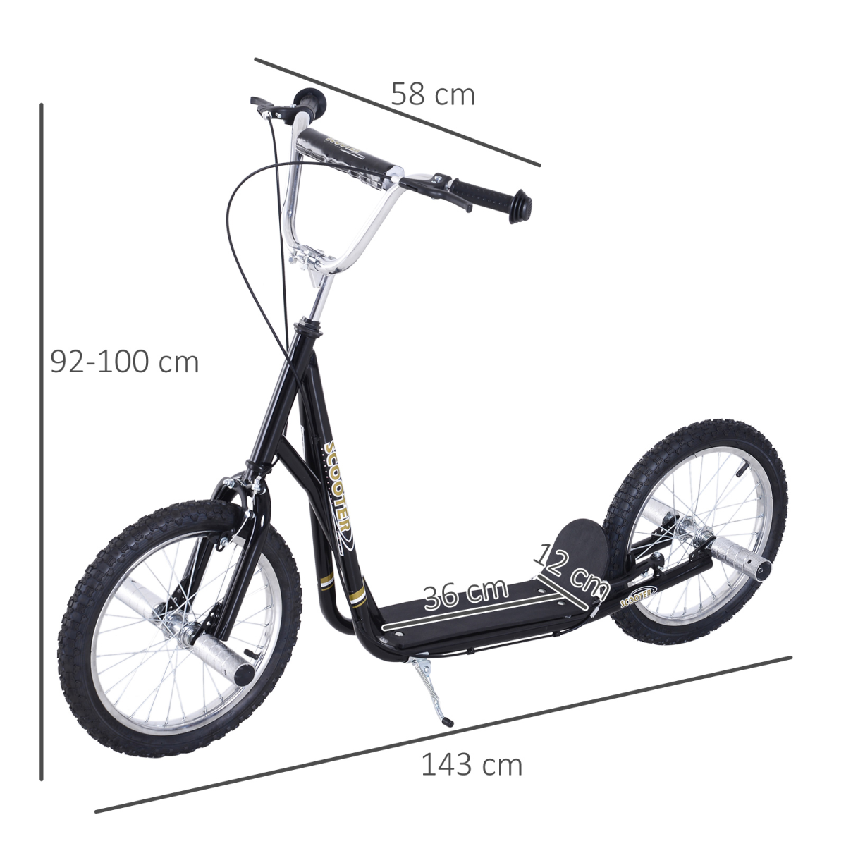 Children’s Stunt Scooter with 16" Wheels, Adjustable Height 92-100cm, Black