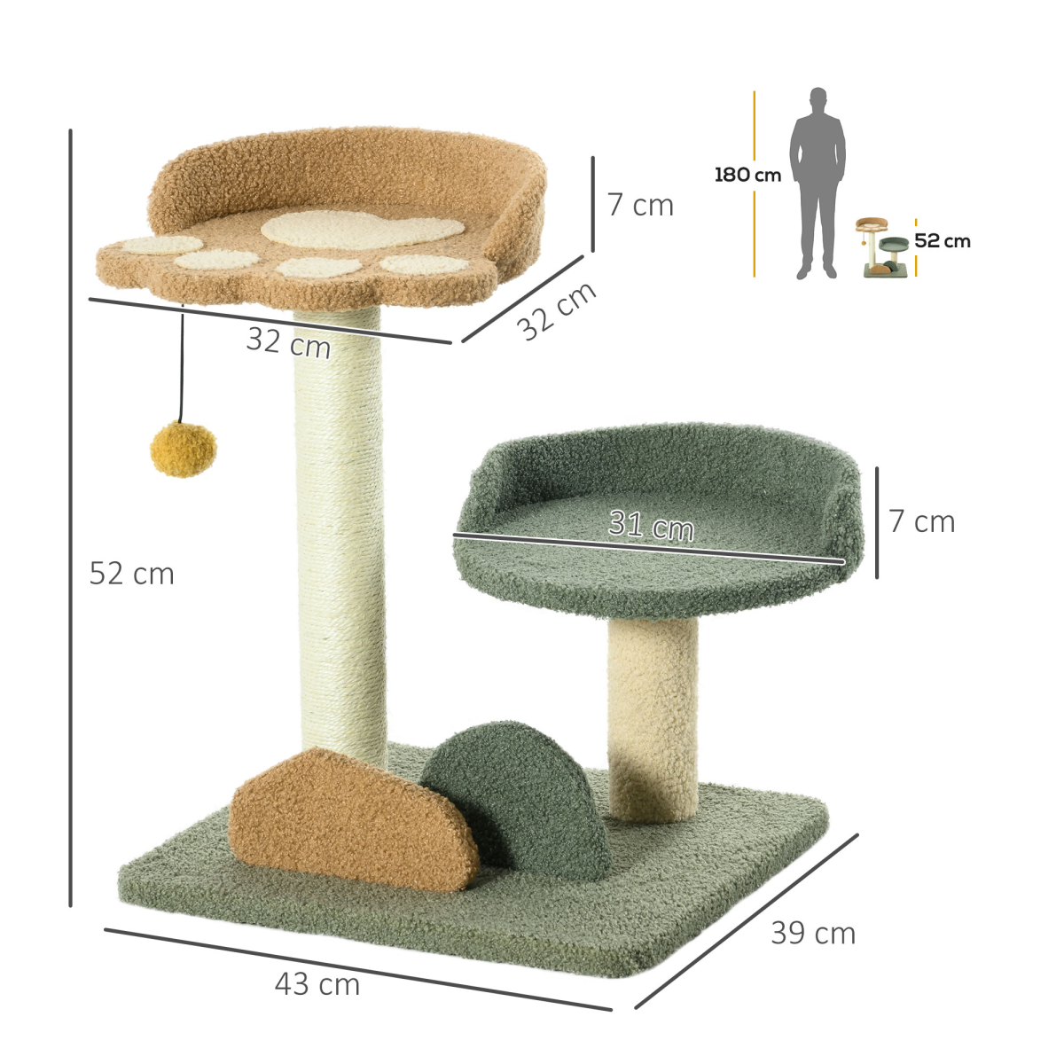 PawHut 52cm Indoor Cat Tree with Scratching Posts, Bed & Toy Ball