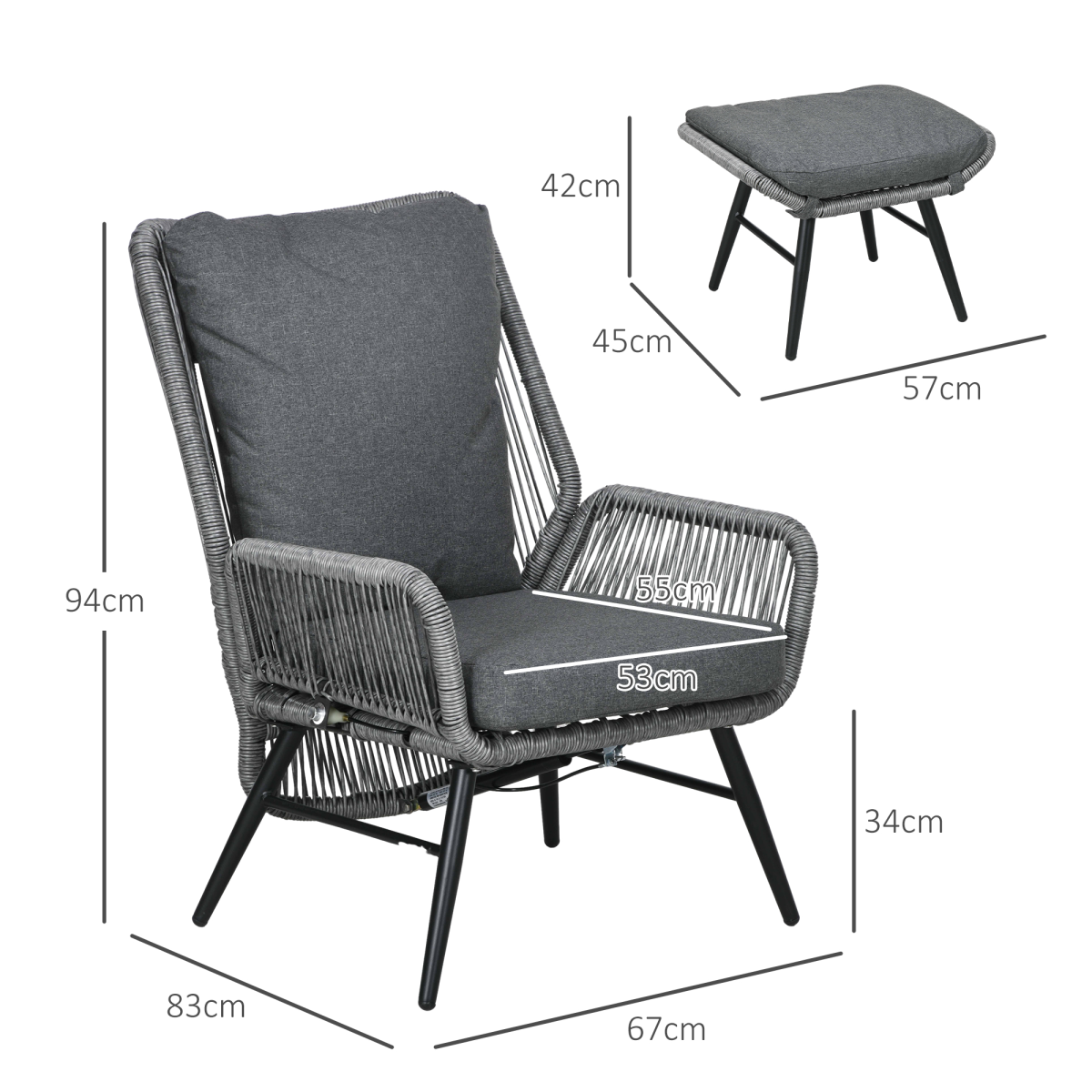 Outsunny Outdoor Rattan Recliner Chair and Footrest Set with Adjustable Backrest, Grey