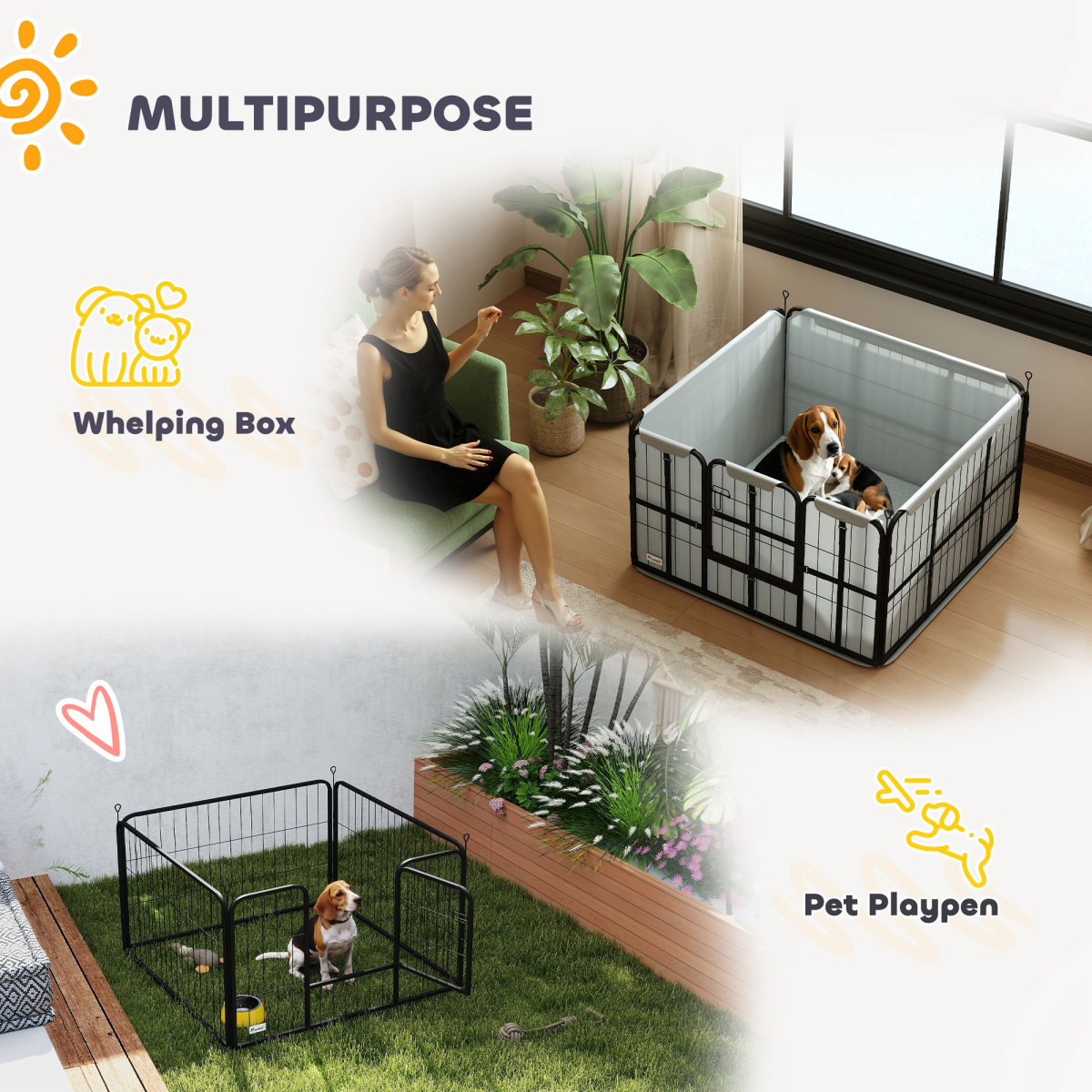PawHut Dog Whelping Box with Washable Pee Pad, Steel, Black