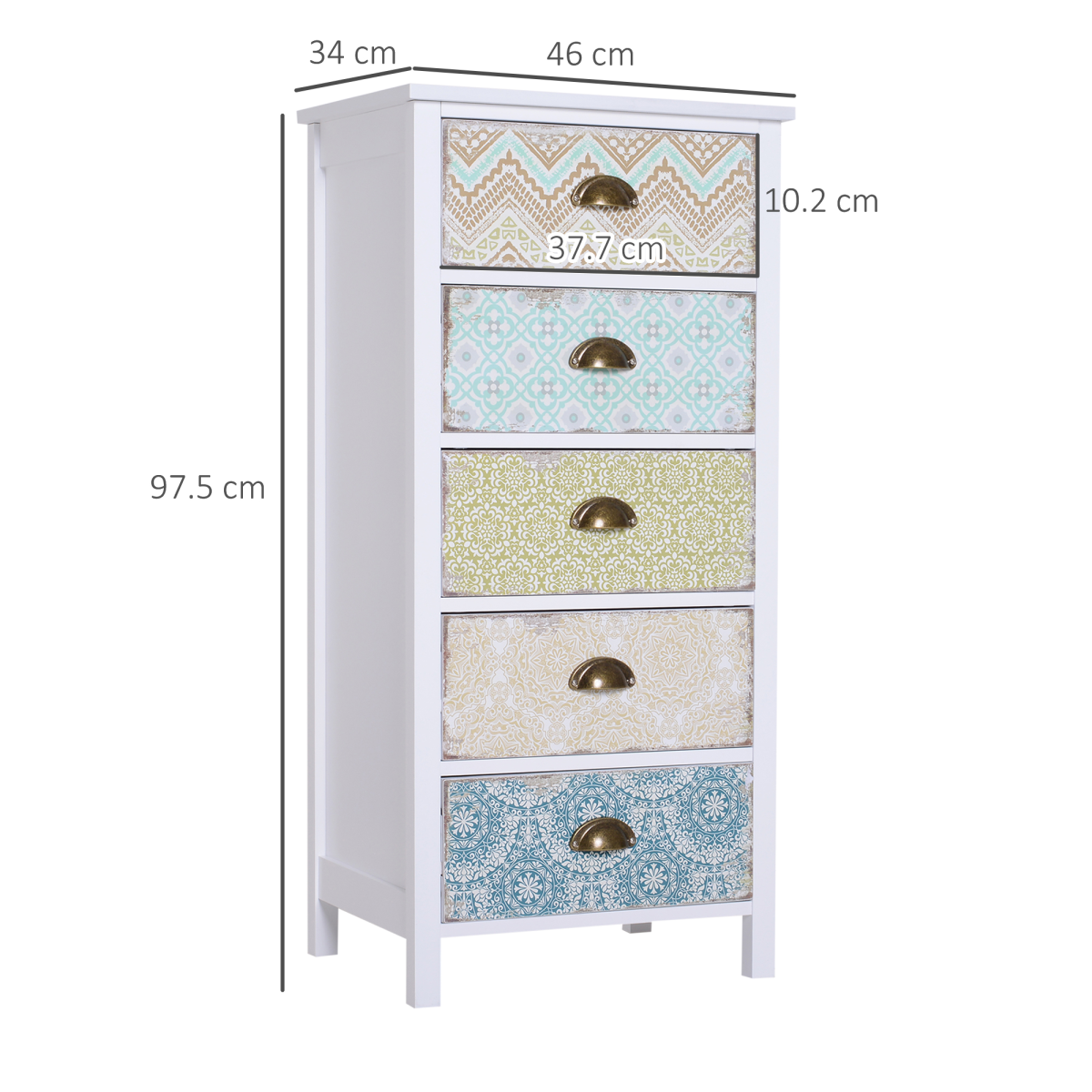 HOMCOM 5 Drawer Vintage Style Storage Chest Dresser, White Wood Effect, Entryway Bedroom Bedroom Storage Cabinet