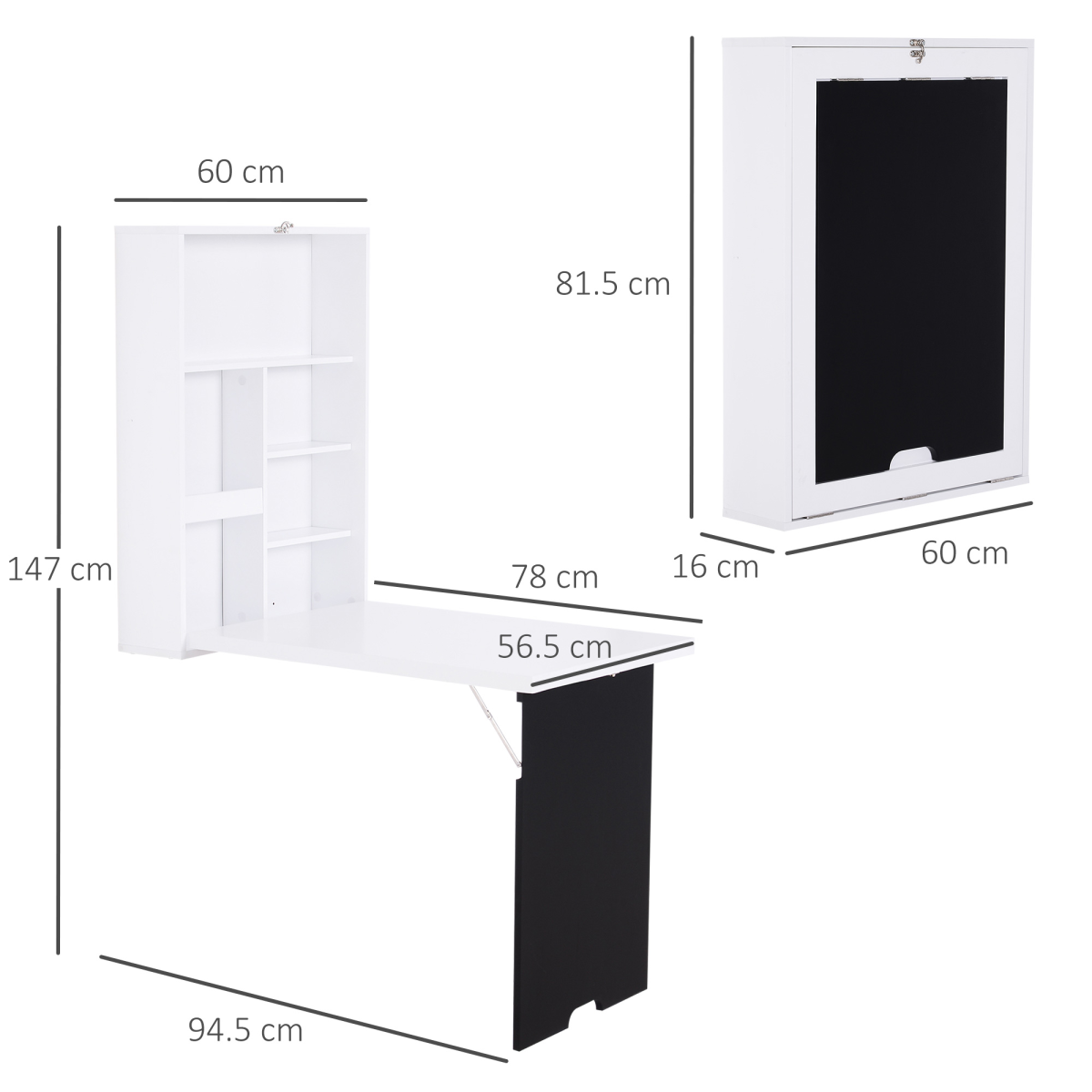 HOMCOM White MDF Wall-Mounted Folding Drop-Leaf Table with Chalkboard Shelf