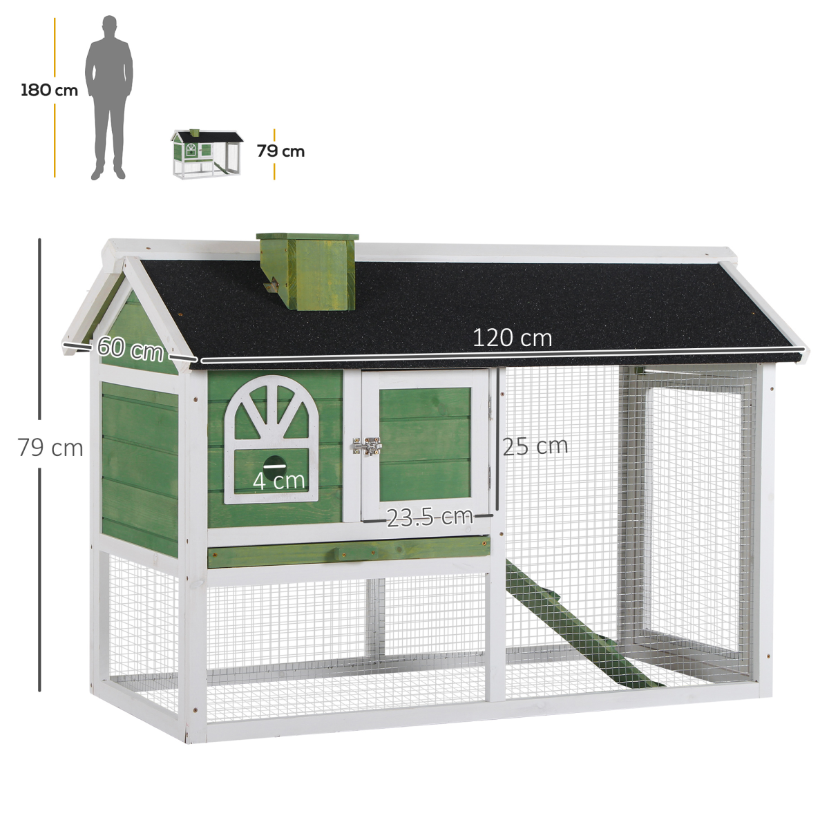 PawHut Wooden Rabbit Hutch Bunny Cage with Pull-Out Tray, Run and Ramp, Green