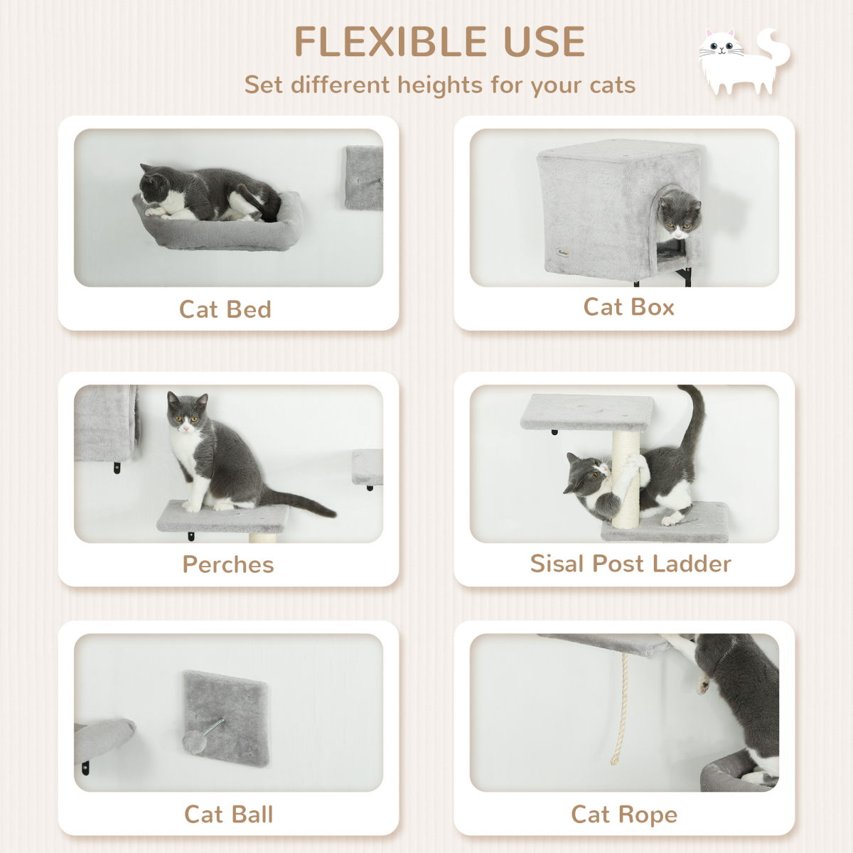 PawHut 6-Piece Wall-Mounted Cat Shelves Set with Condo, Grey
