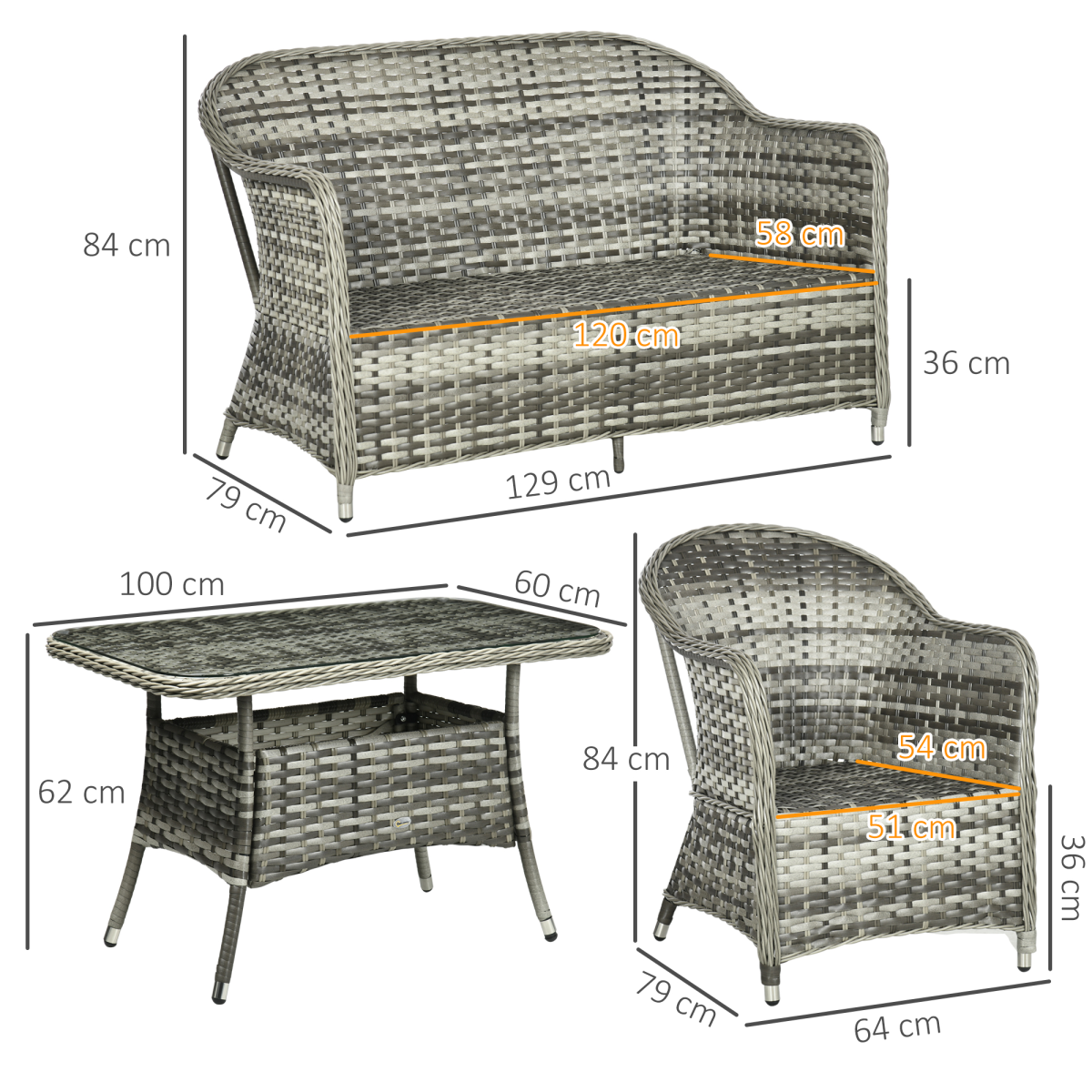 Outsunny 4 Piece Rattan Garden Sofa Set with Glass Top Table