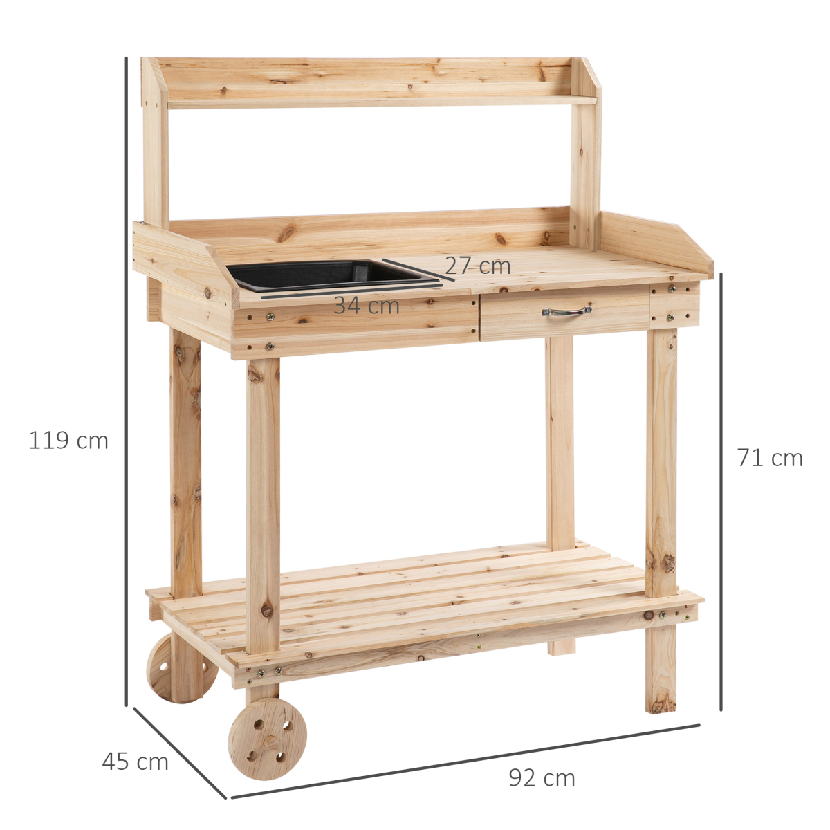 Outsunny Wooden Potting Table with Removable Sink, Drawer, Shelves and 2 Wheels, 92 x 45 x 119cm