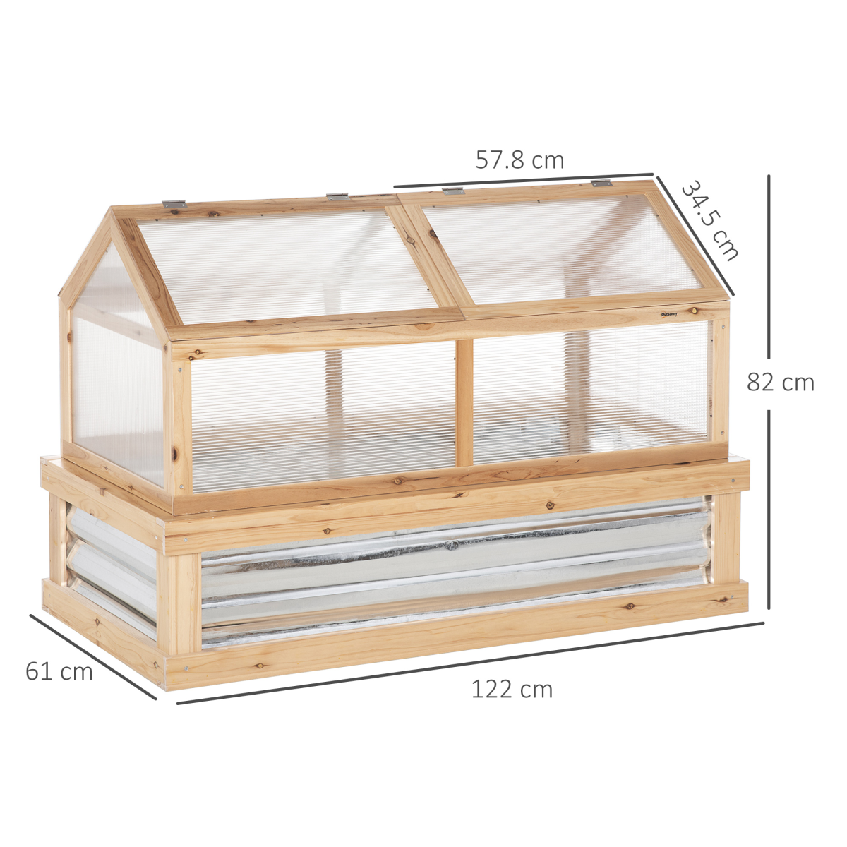 Outsunny Raised Garden Bed with Greenhouse Top, 122 x 61 x 81.7 cm, Natural Hardwood Frame, Polycarbonate Panels, Openable Roof