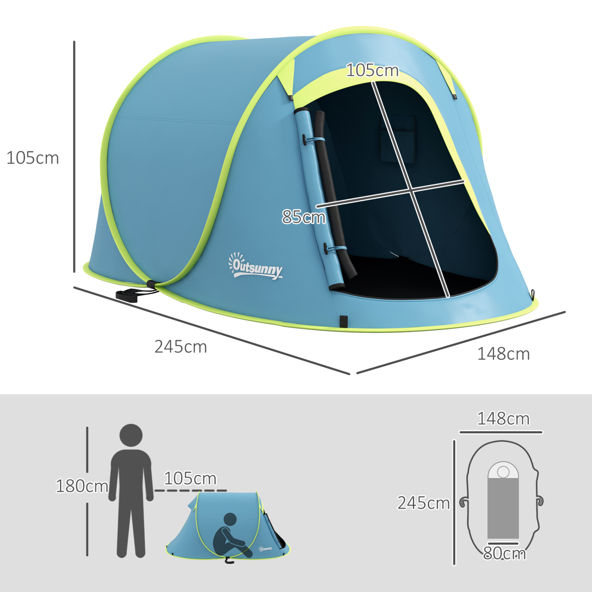 Outsunny 2-Person Pop-Up Camping Tent, 2000mm Waterproof, Blue