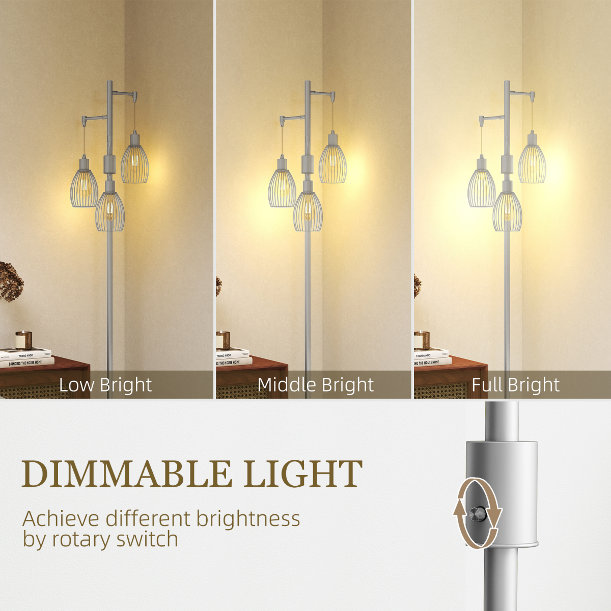 HOMCOM Industrial 3-Light Dimmable Floor Lamp, Silver Tone