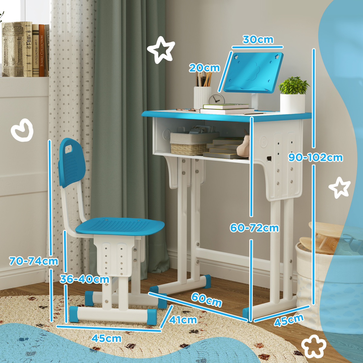 HOMCOM Adjustable Kids Desk and Chair Set with Drawer, Blue
