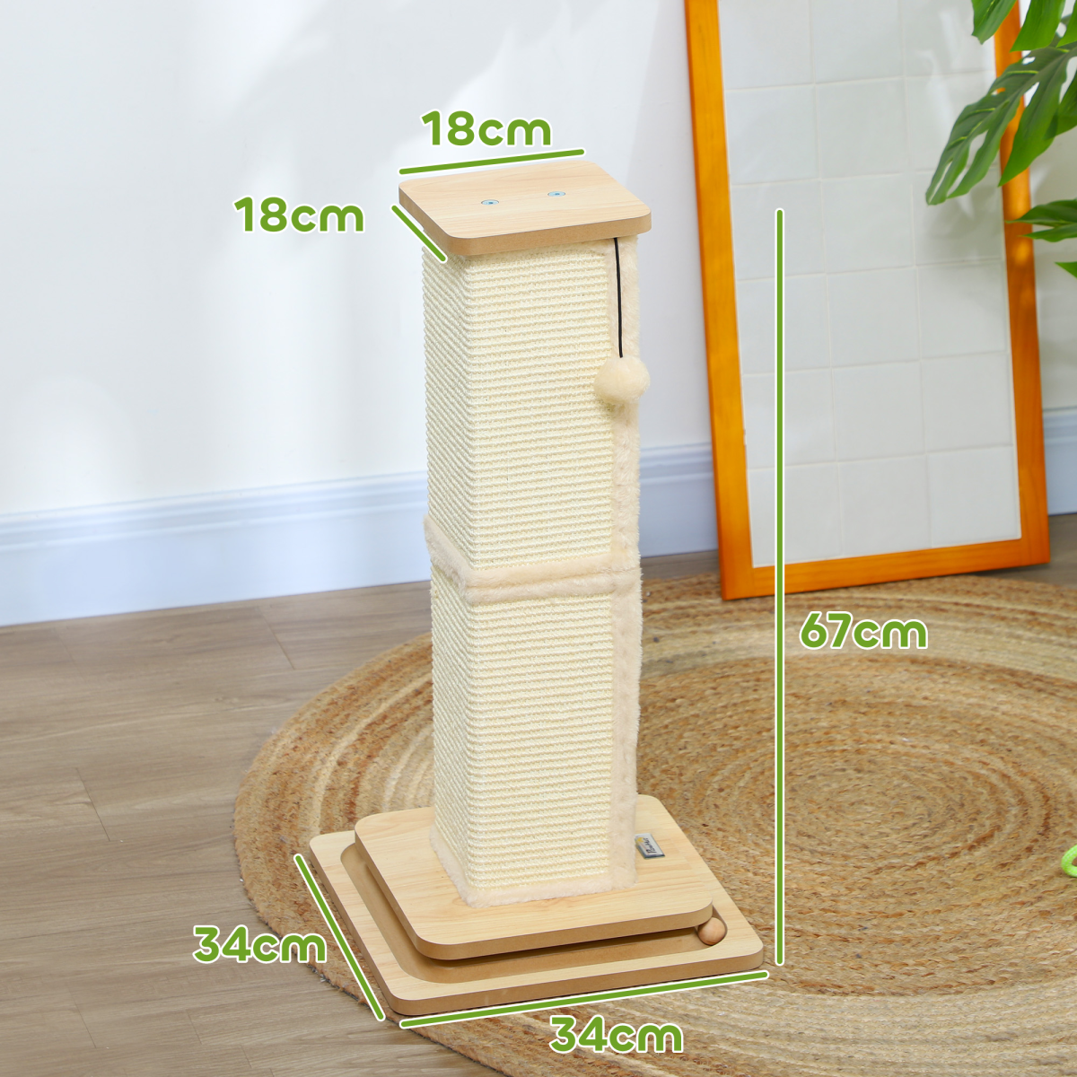 PawHut 67cm 3-in-1 Cat Scratching Post with Sisal & Track Ball Toy