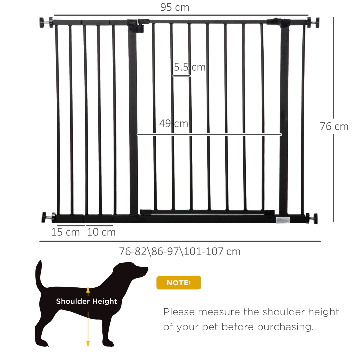 Pawhut Adjustable Pressure Mounted Dog Gate for Stairs & Doorways, Black