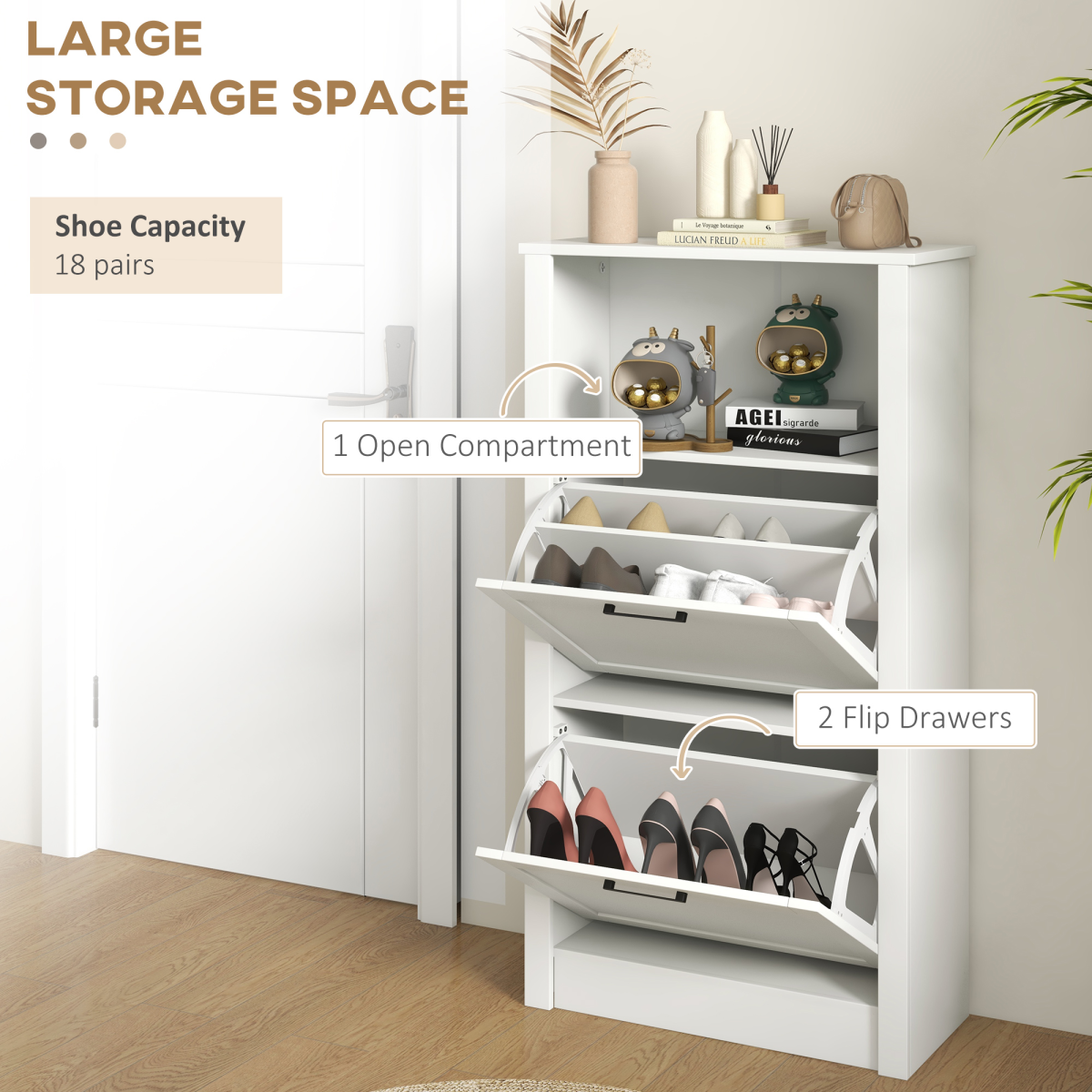 HOMCOM Modern Shoe Cabinet with 2 Flip Drawers, Adjustable Shelves, White