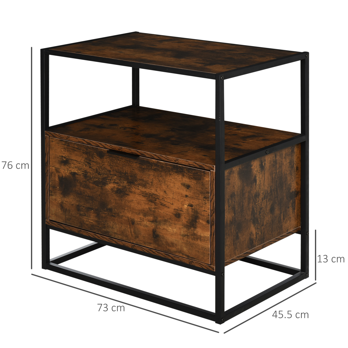 Industrial Style Side Table with Drawer and Open Shelf, Steel Frame Base, Chestnut Brown and Black