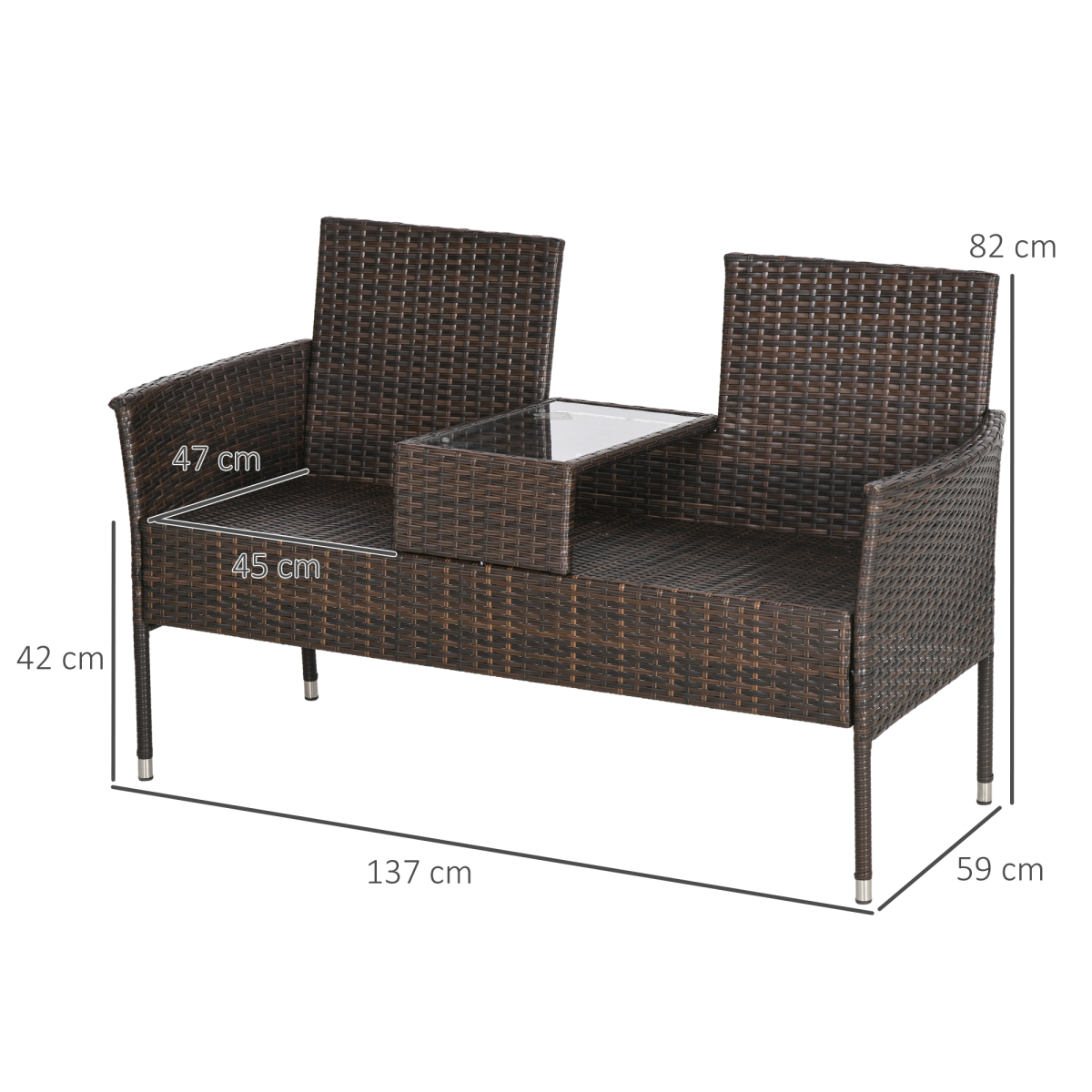 Outsunny 2 Seat Rattan Garden Bench with Middle Table, Tempered Glass Top and Padded Cushions