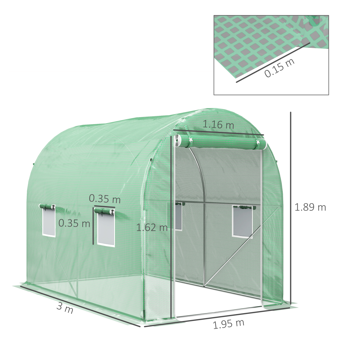Outsunny Walk-In Polytunnel Greenhouse, Steel Frame, 3x2m, Green