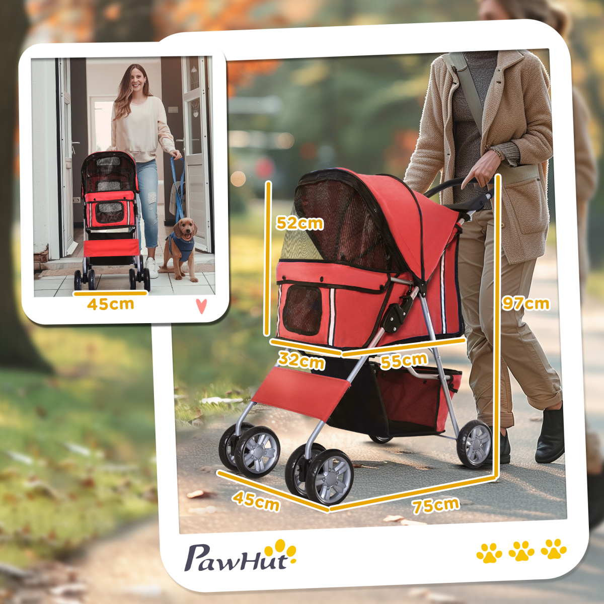 PawHut Foldable 4-Wheel Pet Stroller Carrier for Small Dogs and Cats, Steel Frame, Oxford Cloth, Basket, Cup Holder, Brake