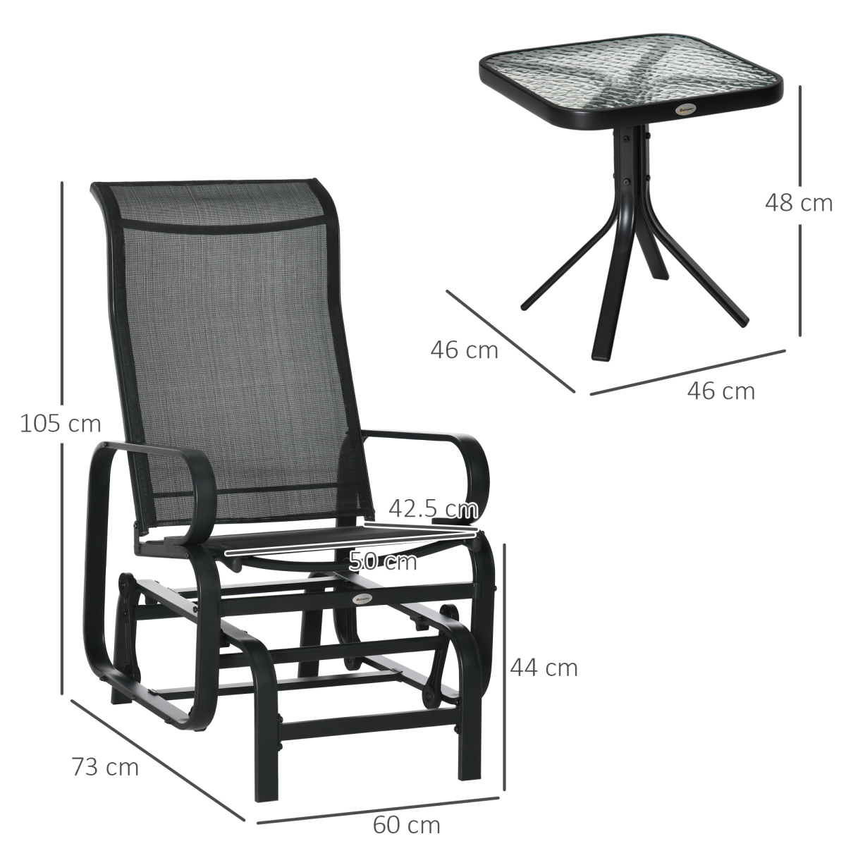 Outsunny 3-Piece Gliding Rocking Chair Set with Tea Table, Weather-Resistant Texteline Seat and Back Panels, Tempered Glass Table Top