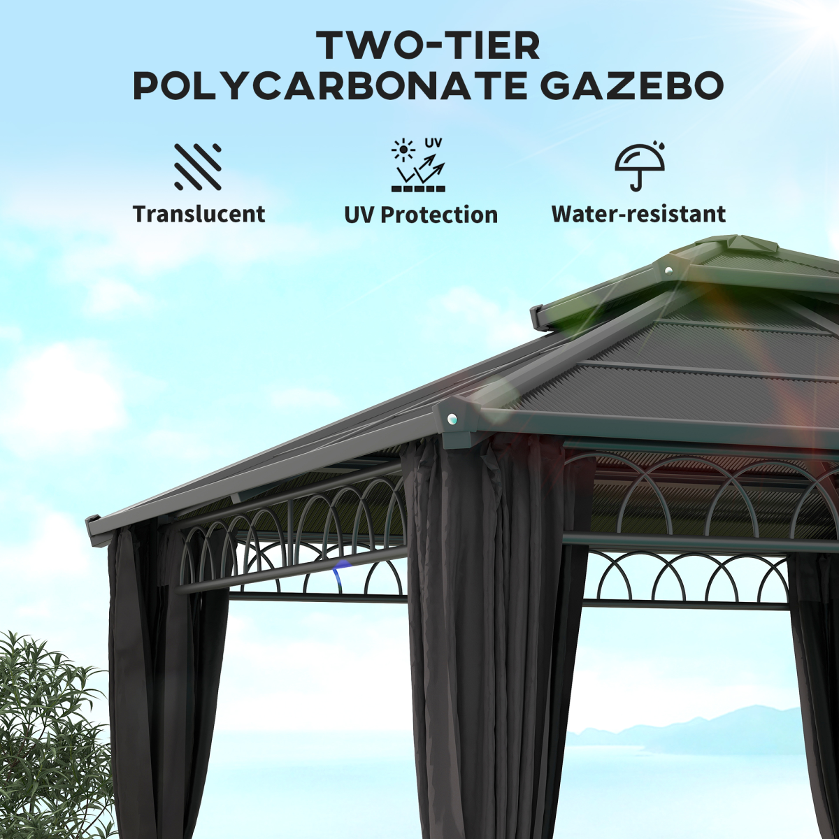 Outsunny 3 x 3 m Double Roof Hard Top Gazebo with Nettings, Dark Grey and Black