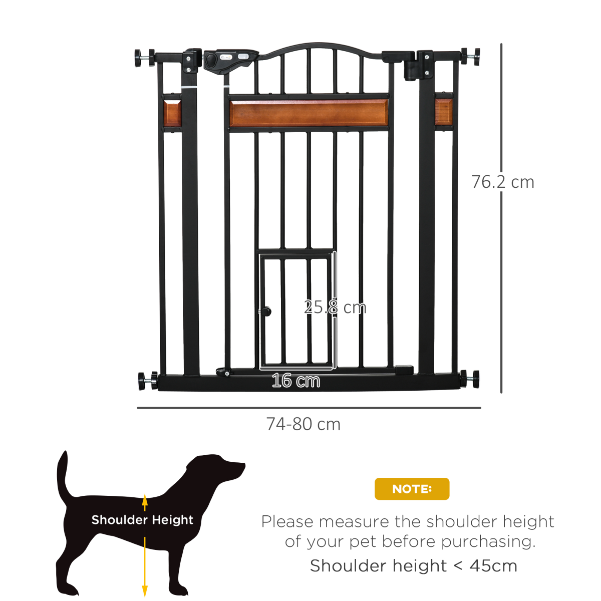 PawHut Dog Safety Gate with Cat Door, Auto-Close, Steel Frame, Pine Decor, 74-80 cm Wide