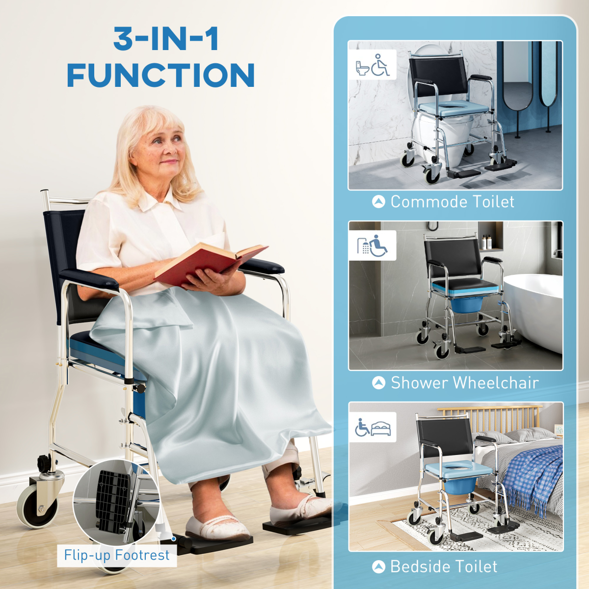 HOMCOM 3-in-1 Commode Shower Chair Wheelchair with Wheels